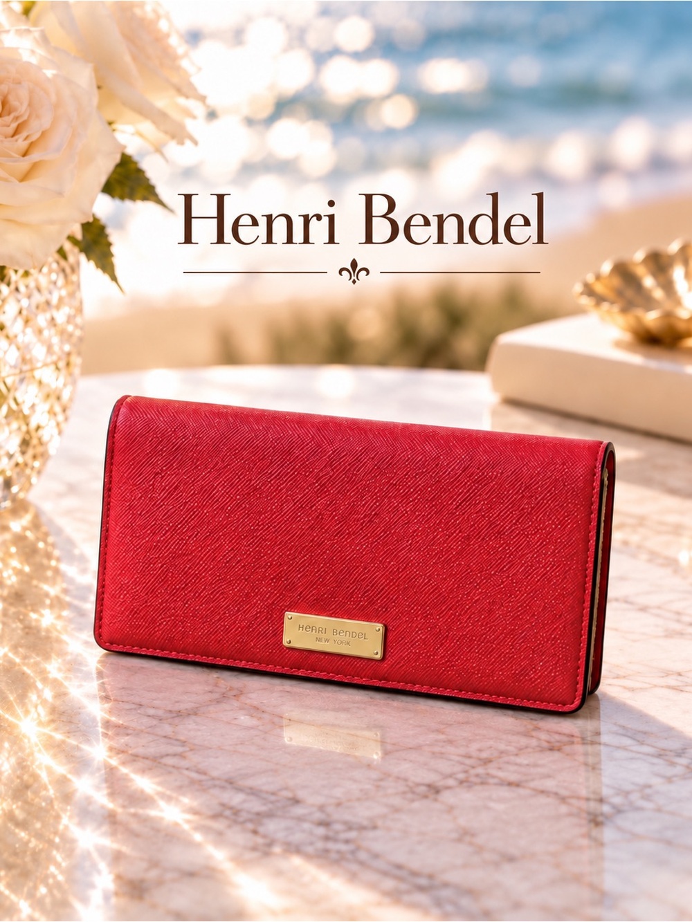 HENRI BENDEL red leather textured fold over, single snap wallet